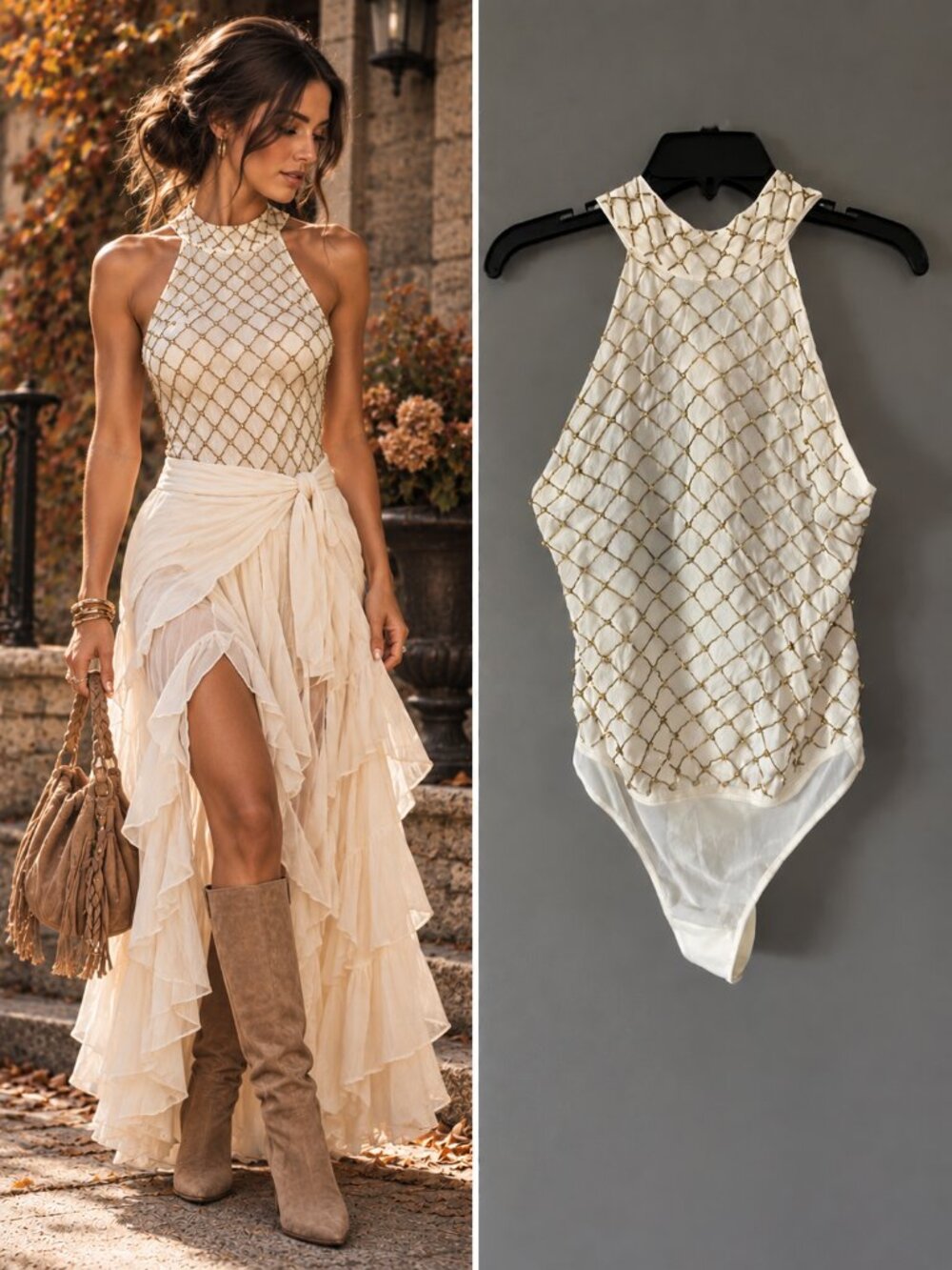 Free People Ivory Gold Embellished Lattice Bodysuit Halter Boho S